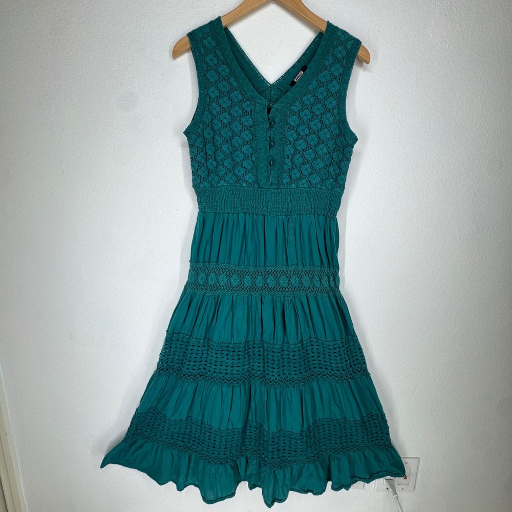 Vintage Crochet Tiered Button Midi Dress Medium Teal Indie Granola Festival Boho